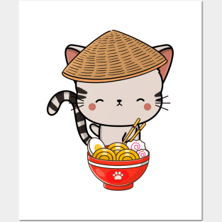 Funny Tabby Cat Eating Ramen Posters and Art